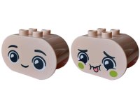 LEGO part Duplo, Brick 2 x 4 x 2 Rounded Ends with Faces with Black Eyebrows, Lime Cheeks, Closed Mouth Smile / Coral Tongue Sticking Out Pattern 4198pb67