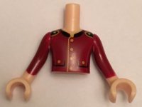 LEGO part Torso Mini Doll Boy Dark Red Jacket, 2 Pockets, Gold Buttons and Black Collar Pattern, Light Nougat Arms with Hands with Dark Red Sleeves FTBpb013c01