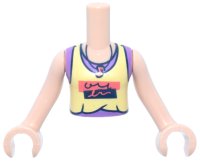LEGO part Torso Mini Doll Girl Bright Light Yellow Tank Top over Medium Lavender Sleeveless Shirt, Black and Coral Panels and Music Note Necklace Pattern, Light Nougat Arms with Hands FTGpb451c01