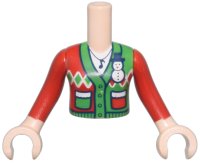 LEGO part Torso Mini Doll Girl Red and Bright Green Cardigan Holiday Sweater with Pockets and Snowman Pin Pattern, Dark Blue Music Note Pendant, Light Nougat Arms with Hands with Red Sleeves FTGpb484c01