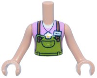 LEGO part Torso Mini Doll Girl Lime Overalls, Medium Nougat Straps, White Flower Pendant and Name Tag Over Bright Pink Sleeveless Top Pattern, Light Nougat Arms with Hands FTGpb532c01