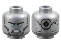 LEGO part Minifigure, Head Alien Robot with Black Eyebrows, Metallic Light Blue Eyes, Cheek Lines, Angry Bared Teeth, Vents and Silver Circle on Back Pattern 3626pb2029