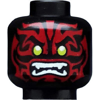 Part 3626pb1664 - Minifigure, Head Alien with Lime Eyes, White Fangs and Dark Red Face Decorations Pattern
