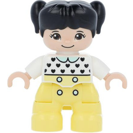 Minifig 47205pb079 - Duplo Figure Lego Ville, Child Girl, Bright Light Yellow Legs, White Top with Black Hearts, Black Hair with Pigtails, Light Nougat Skin (6335905)