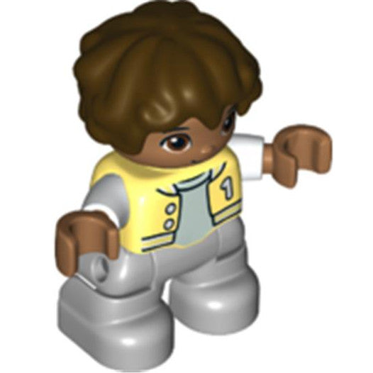 Minifig 47205pb086 - Duplo Figure Lego Ville, Child Boy, Light Bluish Gray Legs, Bright Light Yellow Jacket with Number 1, Dark Brown Hair (6361834)