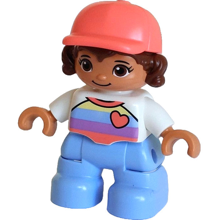 Minifig 47205pb091 - Duplo Figure Lego Ville, Child Girl, Bright Light Blue Legs, White Top with Stripes and Heart, Reddish Brown Hair, Coral Cap (6376729)