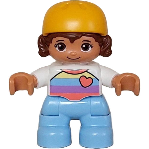 Minifig 47205pb103 - Duplo Figure Lego Ville, Child Girl, Bright Light Blue Legs, White Shirt with Coral, Medium Lavender, Bright Light Blue and Bright Light Yellow Stripes, Coral Heart, Reddish Brown Hair, Bright Light Orange Helmet (6447772)
