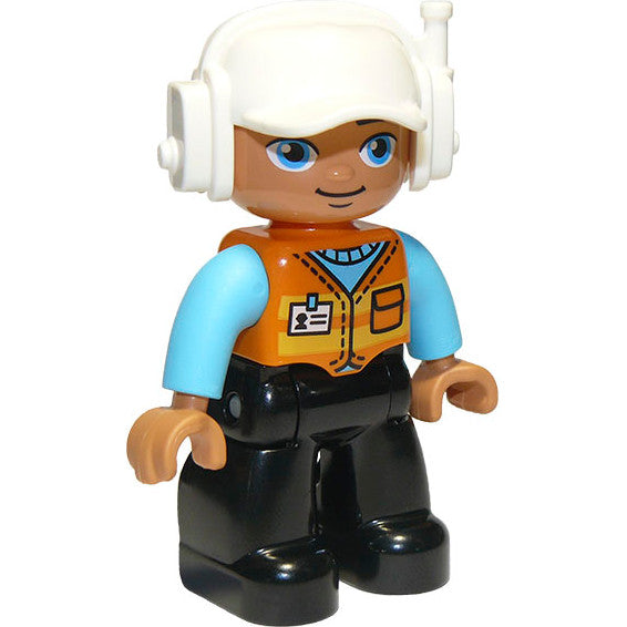 Minifig 47394pb288 - Duplo Figure Lego Ville, Male, Black Legs, Orange Vest with Badge and Pocket, Medium Azure Arms, White Cap with Headset (6301361)