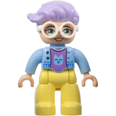 Minifig 47394pb341 - Duplo Figure Lego Ville, Female, Bright Light Yellow Legs, Bright Light Blue Jacket, Medium Lavender Cat Shirt, White Glasses, Lavender Hair (6444490)