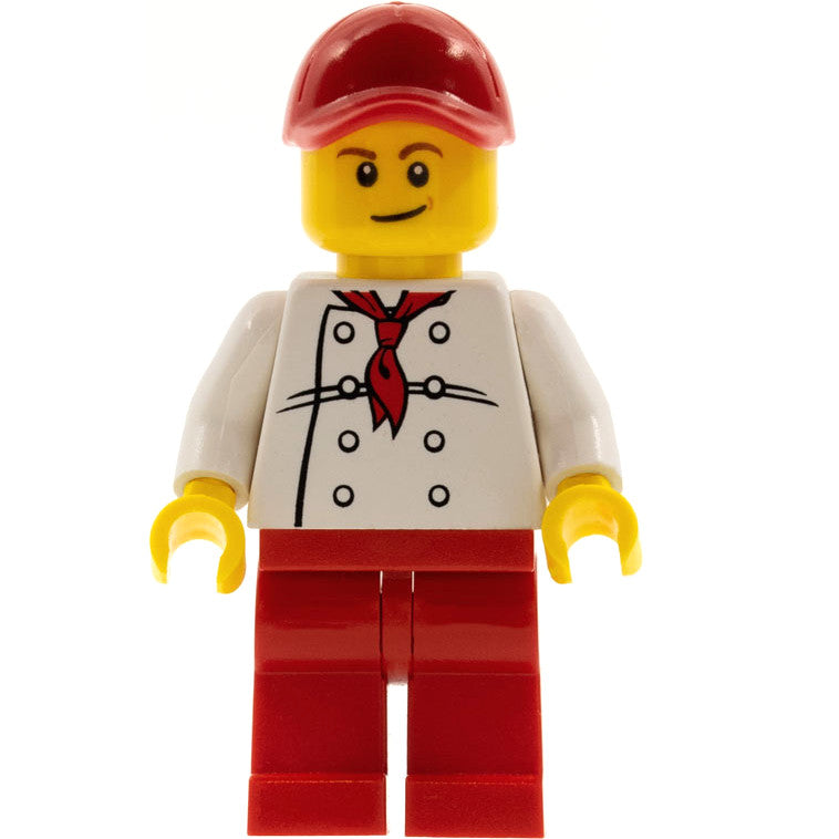 Minifig chef023 - Chef - White Torso with 8 Buttons, Red Legs and Red Cap with Hole (City Square Hot Dog Vendor)