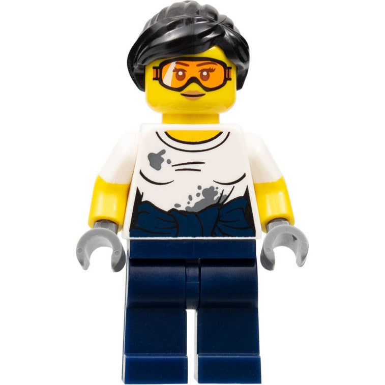 Minifig col310 - City Jungle Mechanic Female - Black Ponytail, Orange Goggles, White T-Shirt with Oil Stains, Dark Blue Legs