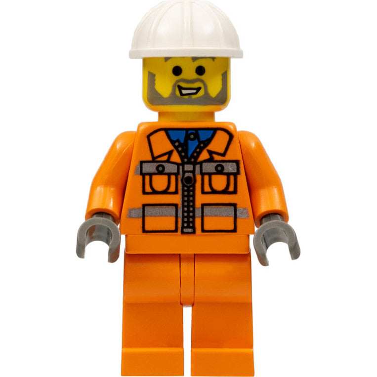 Minifig con001 - Construction Worker - Orange Zipper Jacket, Safety Stripes, Orange Legs, White Construction Helmet