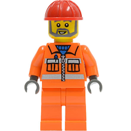 Minifig con008 - Construction Worker - Orange Zipper, Safety Stripes, Orange Arms, Orange Legs, Red Construction Helmet, Gray Angular Beard