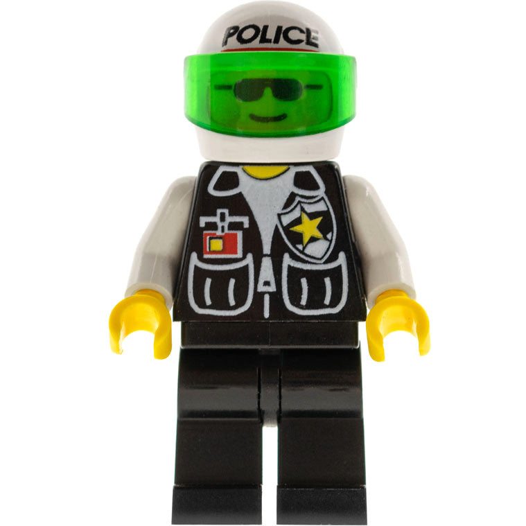 Minifig cop036 - Police - Sheriff Star and 2 Pockets, Black Legs, White Arms, White Helmet with Police Pattern, Trans-Green Visor