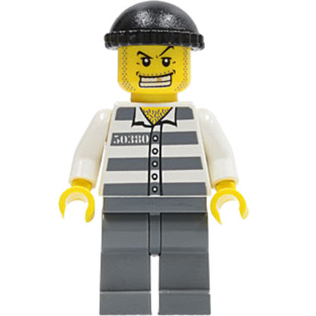 Minifig cty0007 - Police - Jail Prisoner 50380 Prison Stripes, Dark Bluish Gray Legs, Black Knit Cap, Gold Tooth