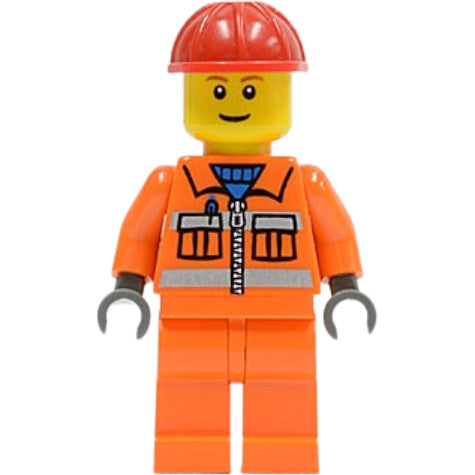 Minifig cty0031 - Construction Worker - Orange Zipper, Safety Stripes, Orange Arms, Orange Legs, Red Construction Helmet, Brown Eyebrows, Thin Grin