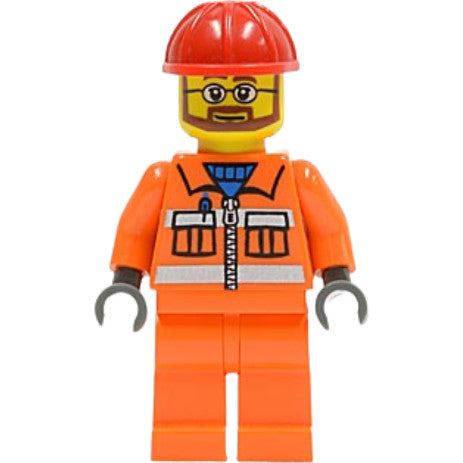 Minifig cty0032 - Construction Worker - Orange Zipper, Safety Stripes, Orange Arms, Orange Legs, Red Construction Helmet, Beard and Glasses
