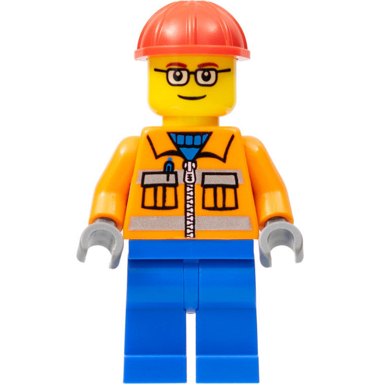 Minifig cty0110a - Construction Worker - Orange Zipper, Safety Stripes, Orange Arms, Blue Legs, Red Construction Helmet, Red Eyebrows, Glasses
