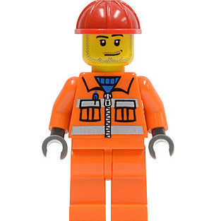 Minifig cty0113 - Construction Worker - Orange Zipper, Safety Stripes, Orange Arms, Orange Legs, Red Construction Helmet, Smirk and Stubble Beard