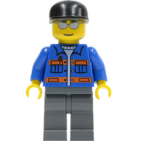 Minifig cty0150 - Blue Jacket with Pockets and Orange Stripes, Dark Bluish Gray Legs, Black Cap, Silver Sunglasses