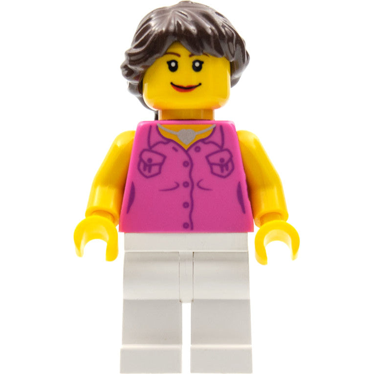 Minifig cty0181 - Dark Pink Vest and Heart Necklace, White Legs, Dark Brown Hair Ponytail Long French Braided