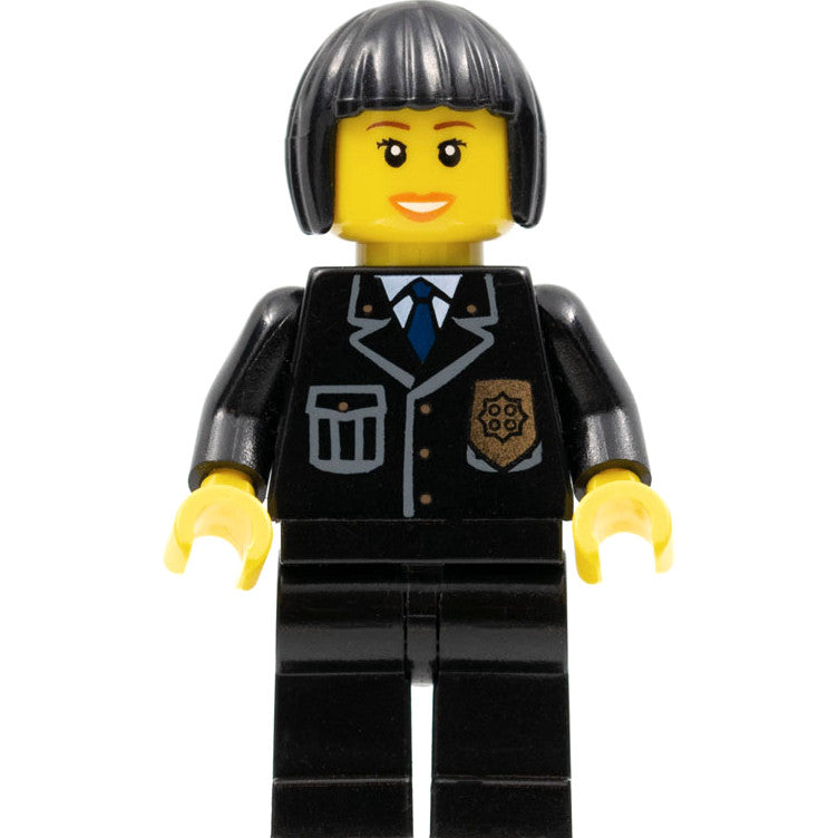 Minifig cty0211 - Police - City Suit with Blue Tie and Badge, Black Legs, Black Bob Cut Hair