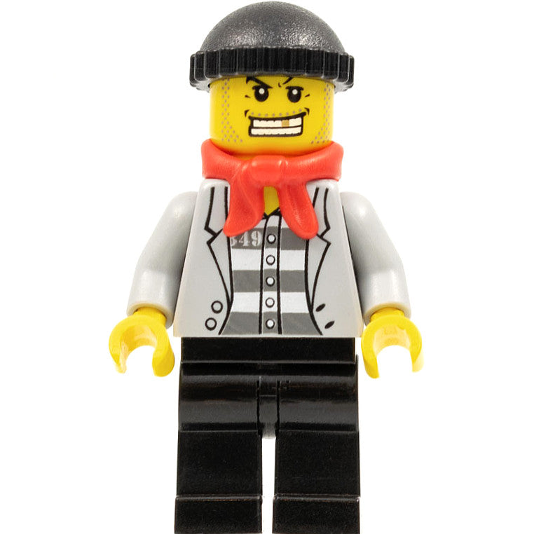 Minifig cty0254 - Police - Jail Prisoner Jacket over Prison Stripes, Black Legs, Black Knit Cap, Gold Tooth, Bandana