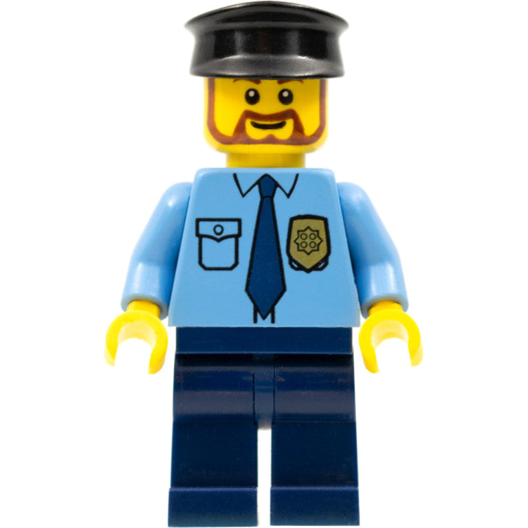 Minifig cty0289 - Police - City Shirt with Dark Blue Tie and Gold Badge, Dark Blue Legs, Black Hat