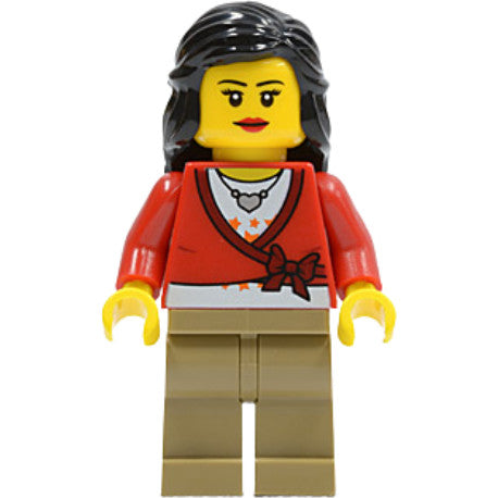 Minifig cty0313 - Sweater Cropped with Bow, Heart Necklace, Dark Tan Legs, Black Female Hair Mid-Length