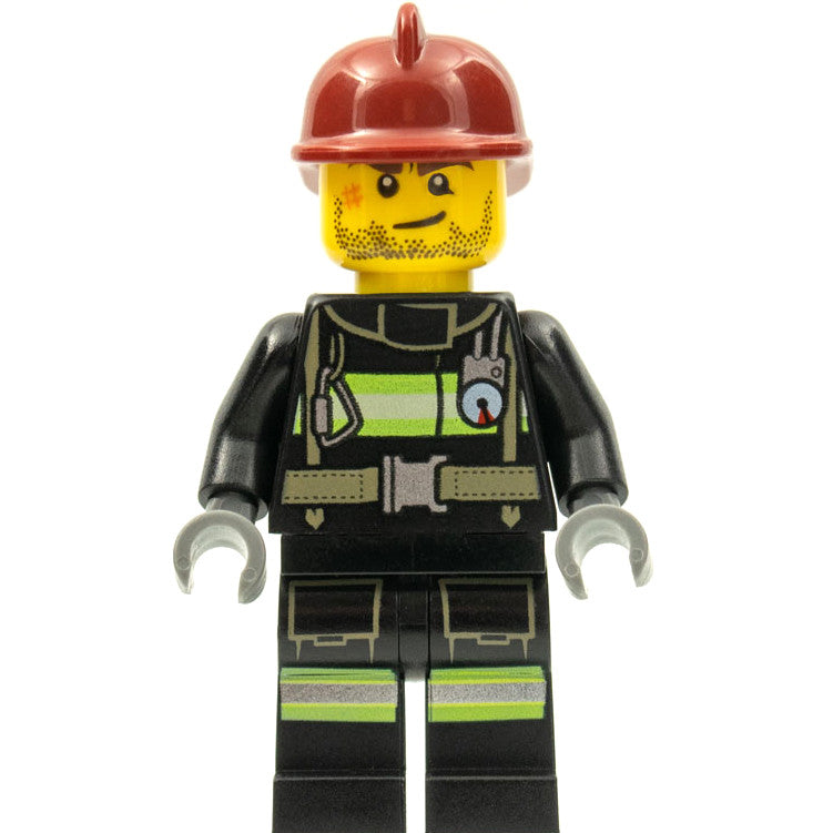Minifig cty0343 - Fire - Reflective Stripes with Utility Belt, Dark Red Fire Helmet, Crooked Smile and Scar