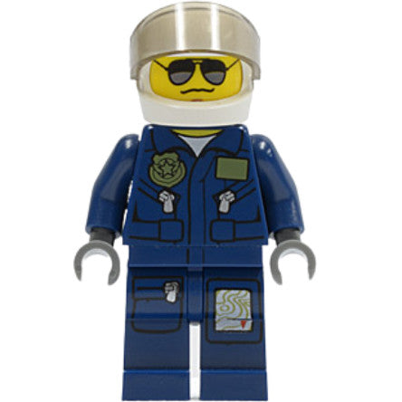 Minifig cty0383 - Forest Police - Helicopter Pilot, Dark Blue Flight Suit with Badge, Helmet, Black and Silver Sunglasses, NO Eyebrows