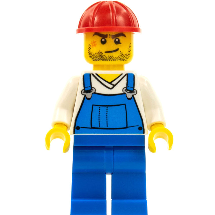 Minifig cty0555 - Overalls Blue over V-Neck Shirt, Blue Legs, Red Construction Helmet, Crooked Smile and Scar