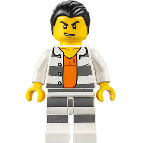 Minifig cty0613 - Police - Jail Prisoner Shirt with Prison Stripes and Orange Undershirt, Striped Legs, Hair Combed