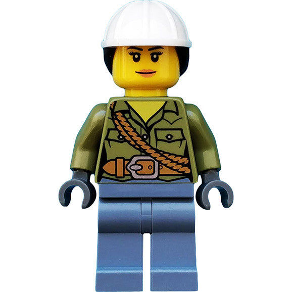 Minifig cty0687 - Volcano Explorer - Female, Shirt with Belt and Shoulder Ropes, White Construction Helmet with Dark Brown Ponytail Hair