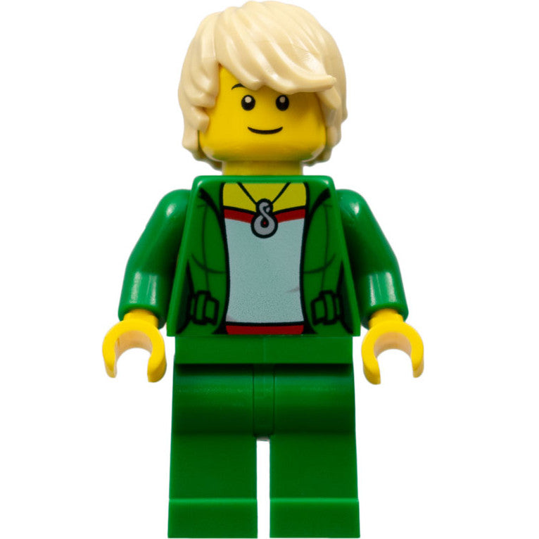 Minifig cty0722 - Saxophone Player - Female, Green Jacket with Necklace, Green Legs, Tan Hair Tousled with Side Part, Black Eyebrows