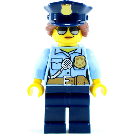 Minifig cty0732 - Police - City Officer Female, Bright Light Blue Shirt with Badge and Radio, Dark Blue Legs, Dark Blue Police Hat, Sunglasses
