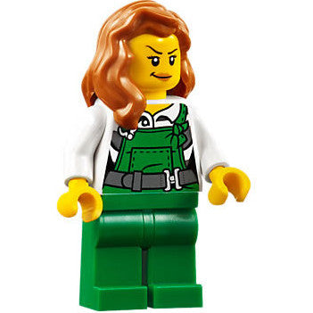 Minifig cty0745 - Police - City Bandit Female with Green Overalls, Dark Orange Female Hair over Shoulder, Peach Lips Smirk