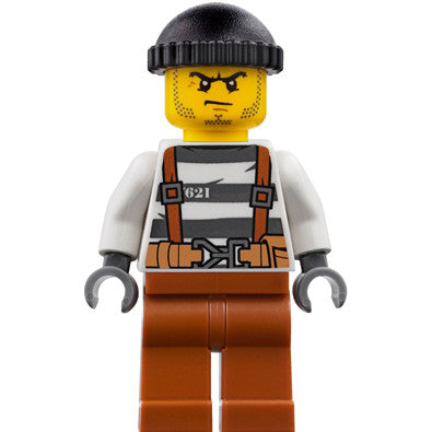 Minifig cty0777 - Police - City Bandit Crook Overalls 621 Prison Stripes, Dark Orange Legs, Black Knit Cap, Beard Stubble and Scowl