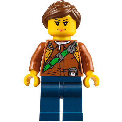 Minifig cty0791 - City Jungle Explorer Female - Dark Orange Shirt with Green Strap, Dark Blue Legs, Reddish Brown Ponytail and Swept Sideways Fringe