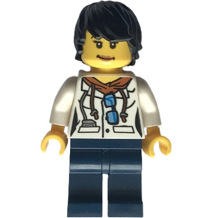 Minifig cty0814 - City Jungle Scientist Female - White Lab Coat with Sunglasses, Dark Blue Legs, Black Tousled Hair