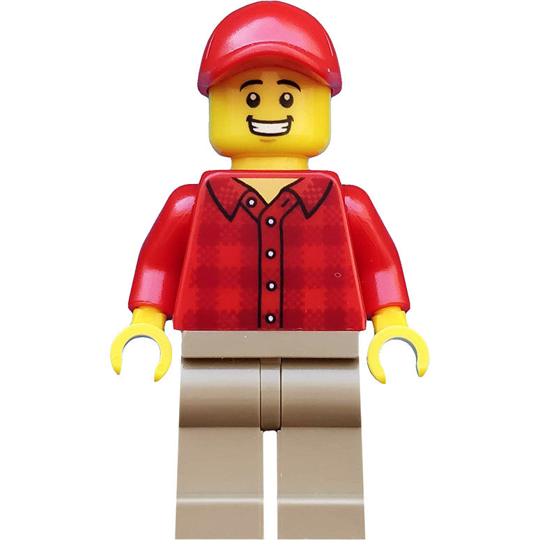Minifig cty0982 - Popcorn Vendor - Male, Red Plaid Flannel Shirt, Dark Tan Legs, Red Cap
