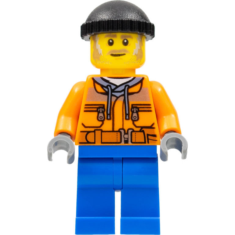 Minifig cty0990 - Snow Groomer Operator - Male, Orange Safety Jacket, Reflective Stripe, Sand Blue Hoodie, Blue Legs, Black Knit Cap, Moustache and Sideburns