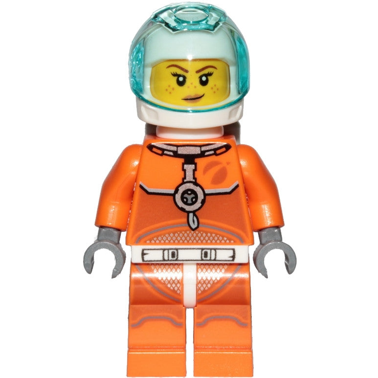Minifig cty1008 - Astronaut - Female, Orange Spacesuit with Dark Bluish Gray Lines, Trans Light Blue Large Visor, Freckles with Smirk and Winking