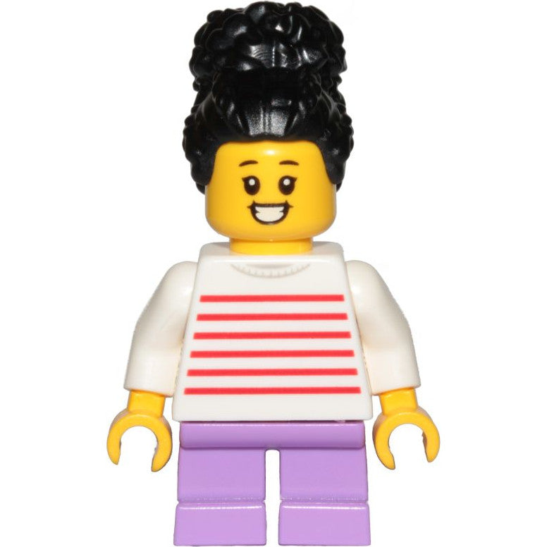 Minifig cty1019 - Child - Girl, White Sweater with Red Horizontal Stripes, Medium Lavender Short Legs, Black Coiled Hair with Bun