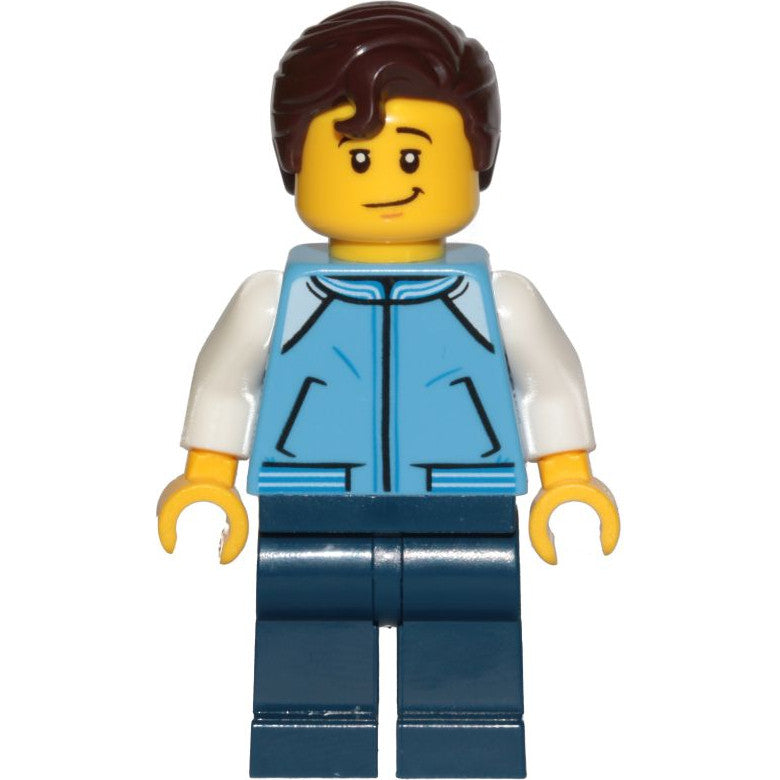 Minifig cty1021 - Teenage Boy, Medium Blue Jacket, Dark Blue Legs, Dark Brown Hair Swept Right with Front Curl