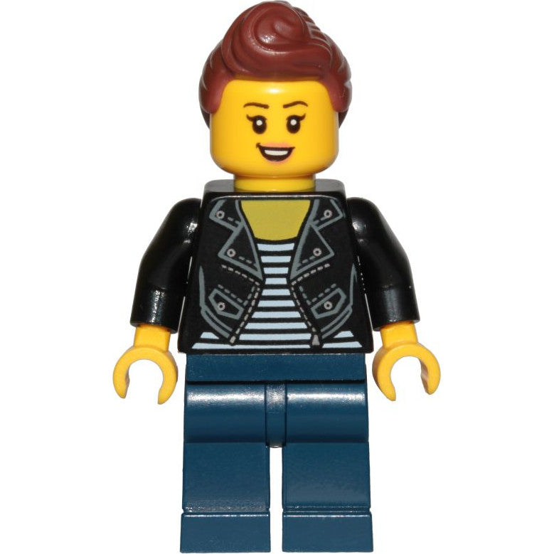 Minifig cty1022 - Teenage Girl, Black Jacket and White Shirt with Black Stripes, Dark Blue Legs, Reddish Brown Hair Female Ponytail and Fringe