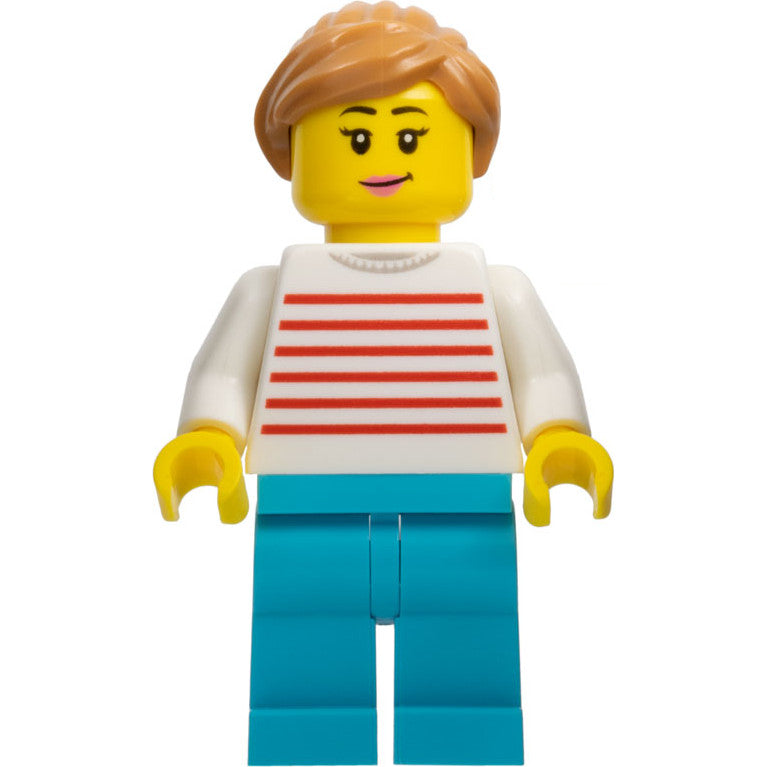 Minifig cty1101 - Automobile Buyer - Female, White Sweater with Red Horizontal Stripes, Medium Azure Legs, Medium Nougat Hair with Ponytail, Sunglasses