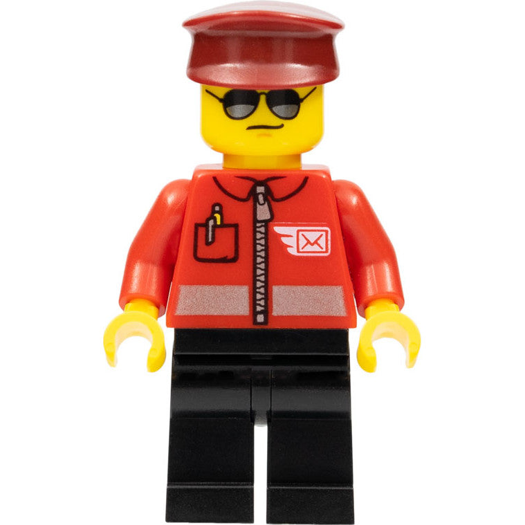 Minifig cty1106 - Post Office - Airmail Letter Logo and Red Jacket with Zipper, Dark Red Hat, Black Legs, Sunglasses