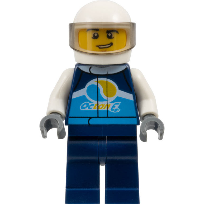 Minifig cty1110 - Race Car Driver, Male, Dark Blue 'Octan E' Racing Jacket and Legs, White Helmet