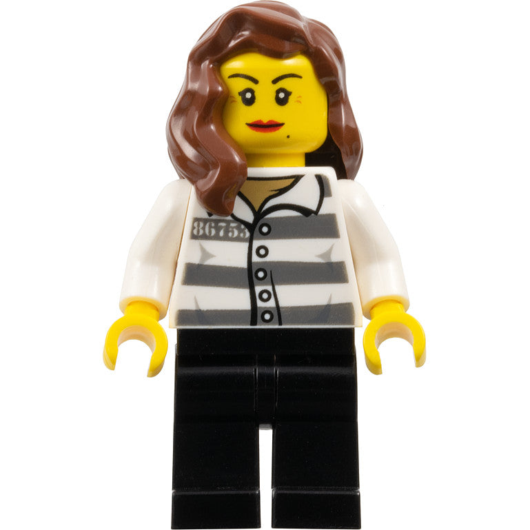 Minifig cty1128 - Police - Jail Prisoner 86753 Prison Stripes, Female, Reddish Brown Female Hair over Shoulder